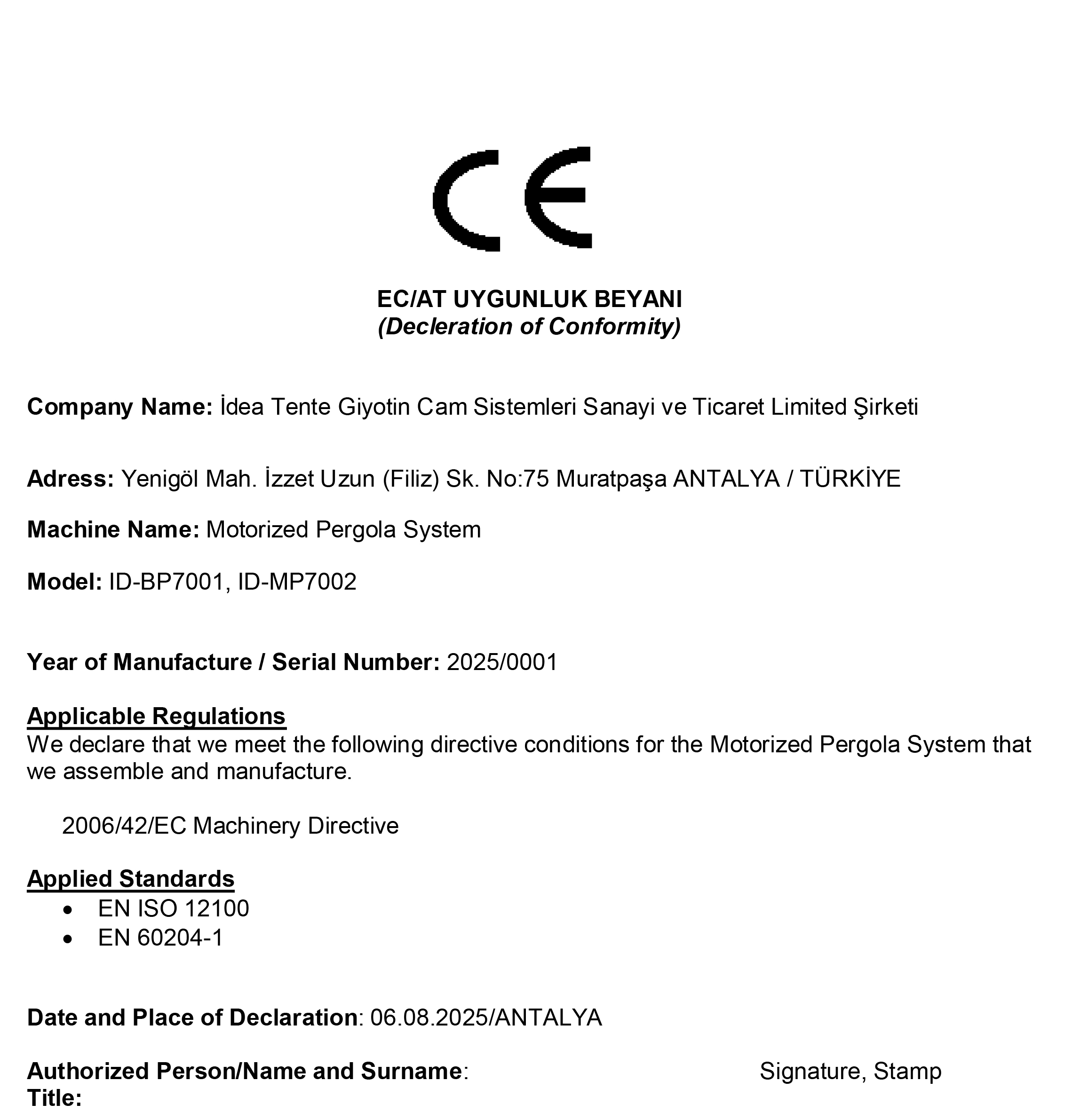 Uygunluk Beyanı - Motorlu Pergola Sistemi